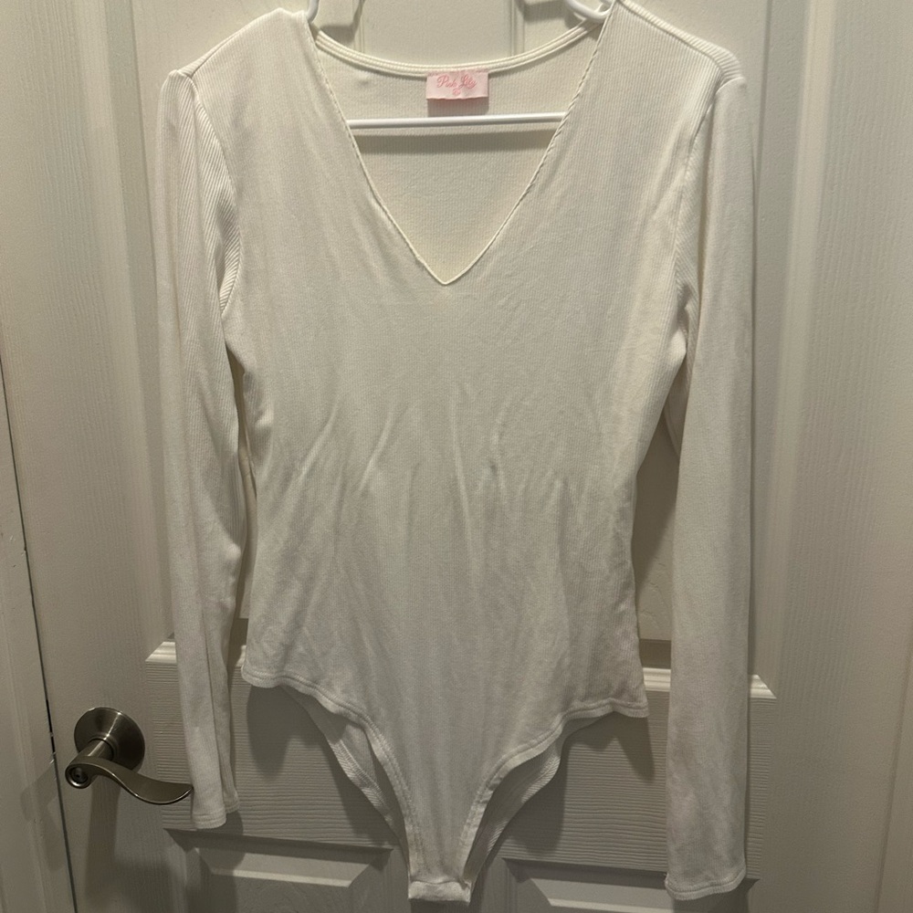 Pink Lily Ivory V-Neck Long Sleeve Bodysuit